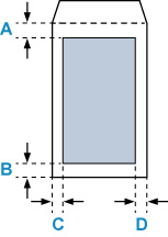 印刷できる範囲を表した図です。Aは、封筒の上端から印刷可能領域の上端までの、垂直方向の長さです、Bは、封筒の下端から印刷可能領域の下端までの、垂直方向の長さです。Cは、封筒の左端から印刷可能領域の左端までの、水平方向の長さです。Dは、封筒の右端から印刷可能領域の右端までの、水平方向の長さです。